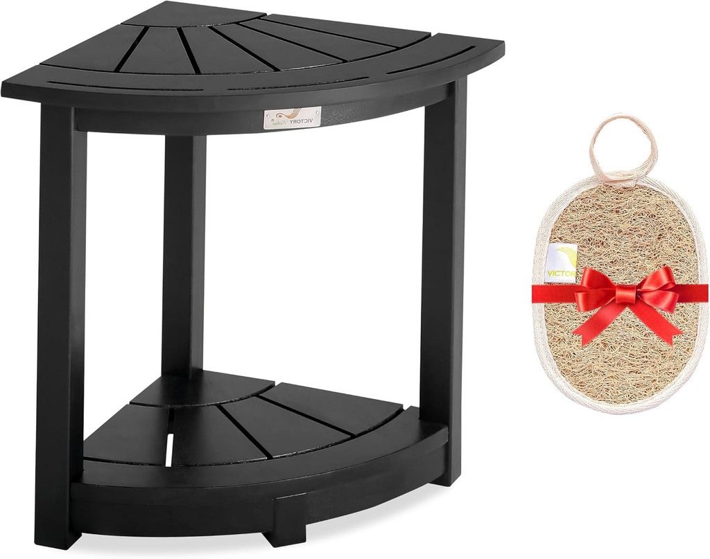 Acacia Corner Shower Stool, Waterproof Spa Foot Rest & Bath Bench with Storage Shelf & Soap Dish, Ideal for Bathroom, Shaving Legs, or as Small Corner Table/Step Stool (Black)