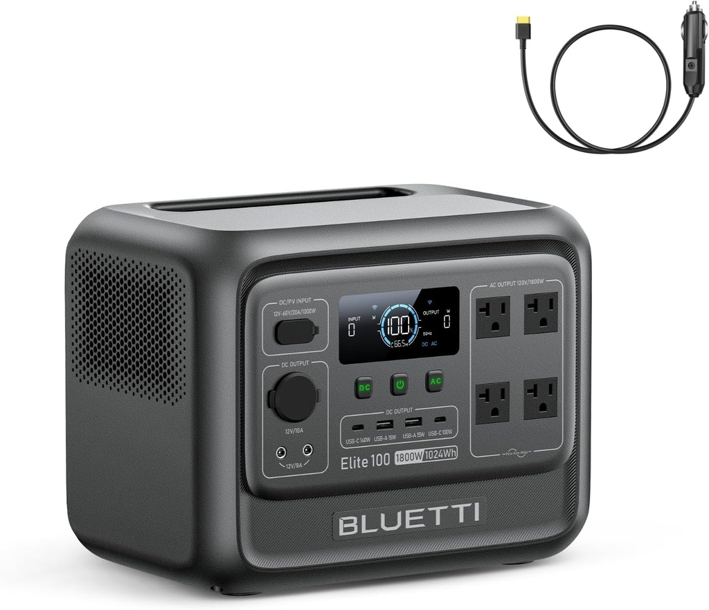 BLUETTI Elite 100 V2 Portable Power Station and Car Cable, 1024Wh LFP Battery Solar Generator w/ 4 1800W AC Outlets (3600W Surge) Backup, 35% Smaller for Camping, RV, Outages (Solar Panel Optional)