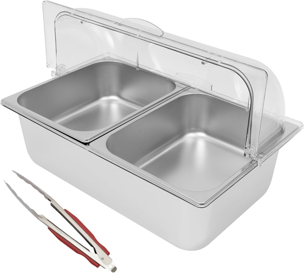 Countertop Stainless Steel Ice Food Serving Display Container Spice Food Display Salad Dressing Cooler Buffet Condiment Dispenser with Clear Roll Top Cover (2 Pan)