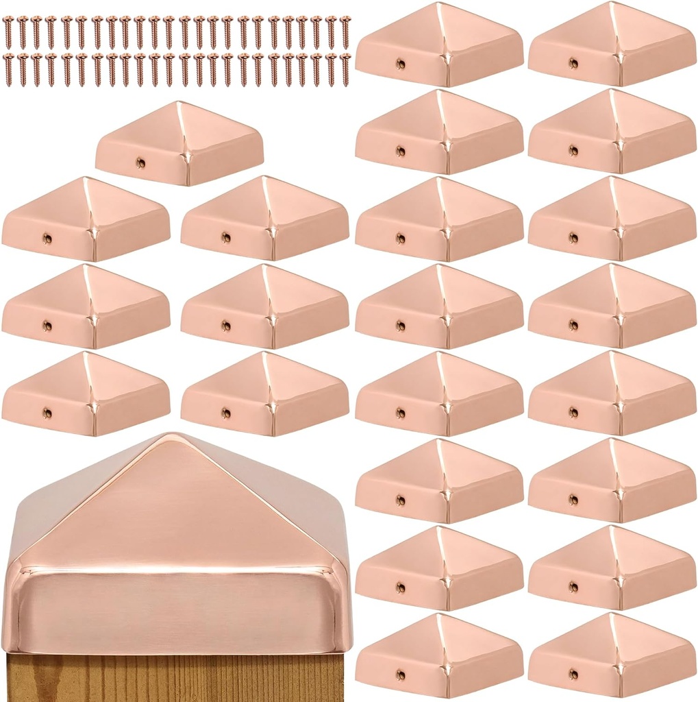 4x4 Copper Pyramid Post Caps (24-Pack) - Extended Lip - Solid Copper - Will Patina Naturally (3-1/2" x 3-1/2") (24, 4x4)