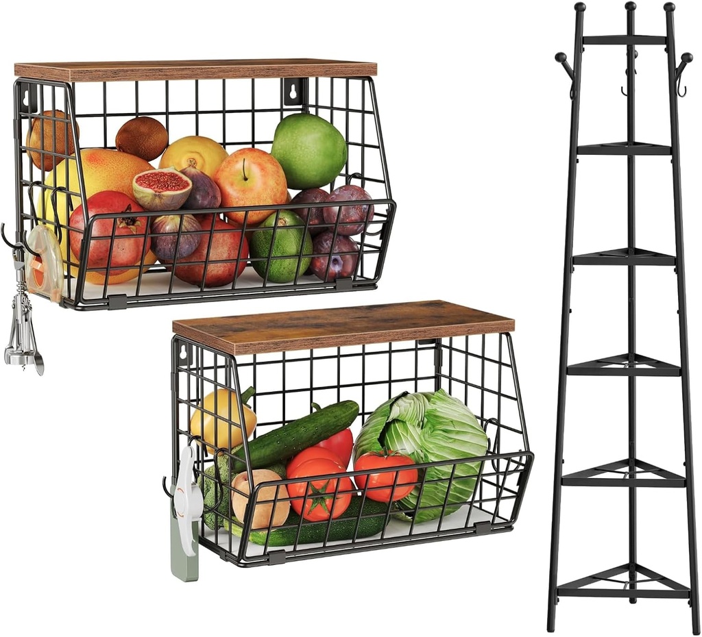 Fruit Basket for Kitchen and Cookware Stand Pot Racks Bundle, Kitchen Counter Organizer for Fruit, Vegetable Storage TCW02P2BF-TPR15BB
