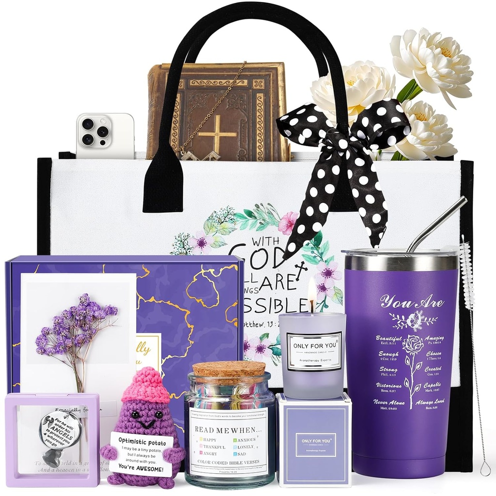 Christian Gifts for Women Faith, Birthday Gifts for Catholic Woman, Religious Grandma Mothers Day Gift w/Bible Verse Jar, Canvas Tote Bag, Optimistic Potato