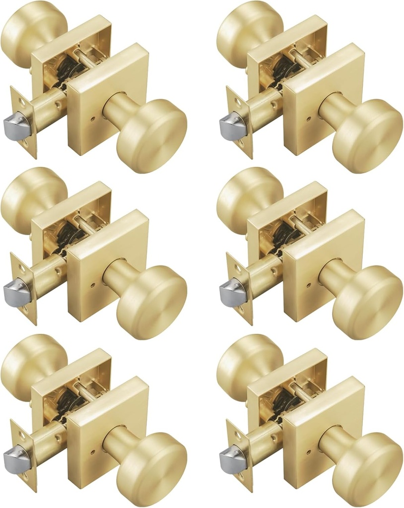 6 Pack Satin Brass Door Knobs with Square Rosette, Interior Door Handles for Bath & Bed, Heavy Duty Door Knob with Lock