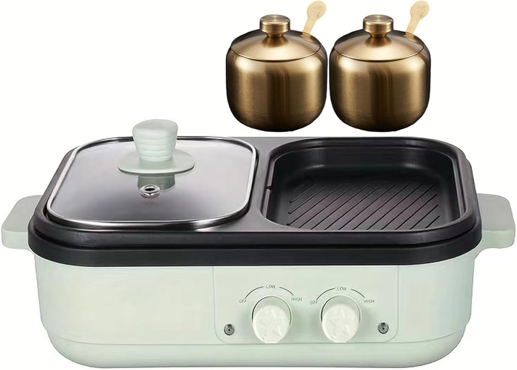 Electric Barbecue Frying Pan with Divider - 650w + 650w Power, Electric Grill and Non-Stick Hot Pot, Multicookers with Tempered Glass Lid for Stewed Noodles(Green)