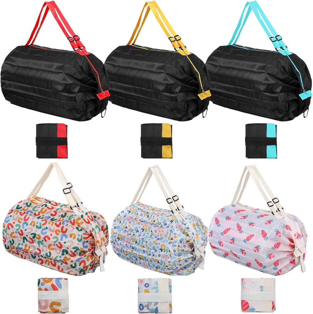 6 pcs Reusable Shopping Bag Foldable Grocery Storage Tote Bag Organ Style Fold Oxford Cloth Portable Duffle for Shopping