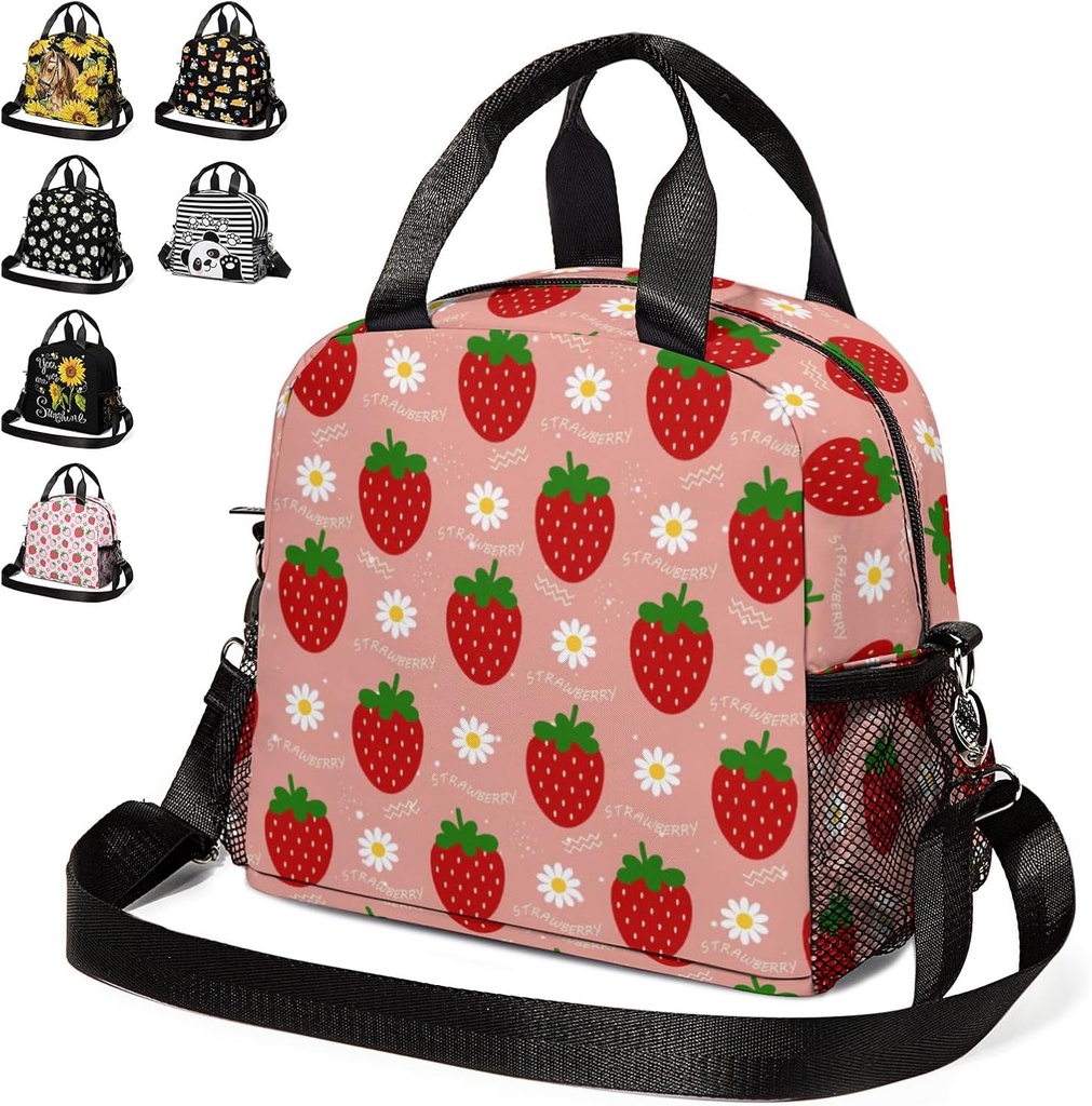 Lunch Box for Girls Strawberry Insulated Lunch Bag Thermal Reusable Lunch Tote Bag for School Work Waterproof Cooler Bag with Adjustable Shoulder Strap