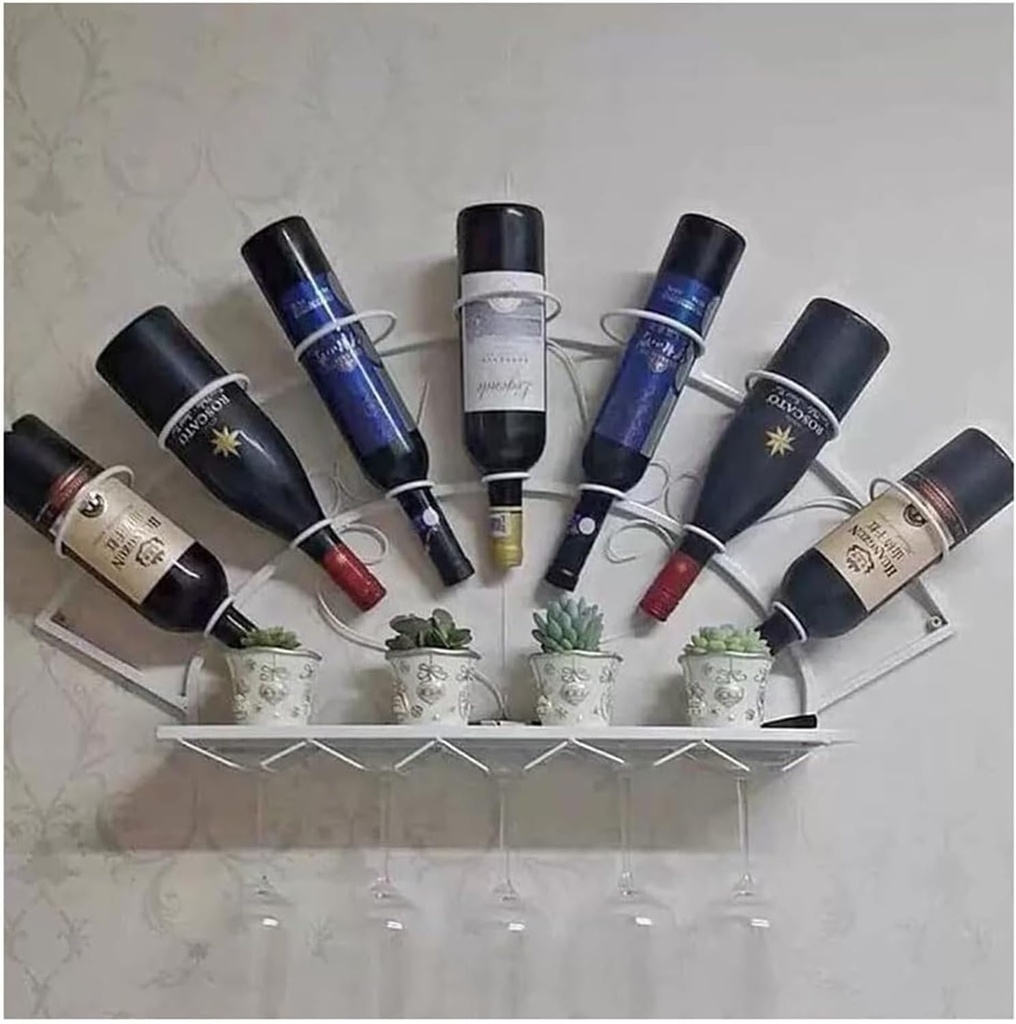 Wine Bottle Stemware Glass Rack Wall Mounted, Iron Wall Hanging Wine Rack Holds 7 Bottles of Your Favorite Wine Elegant Storage for Kitchen, Dining Room, Bar, Or Wine Cellar