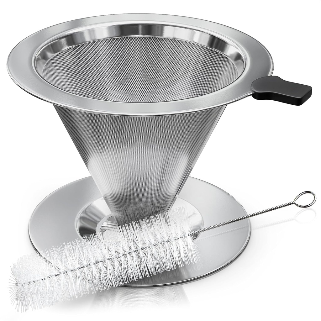 Stainless Steel Pour Over Coffee Maker With Cleaning Brush & Non-Slip Silicone Handle - 2 Cups Capacity Stainless Steel Pour Over Coffee Dripper With Secure Wide Base, Clean Flavor Paperless