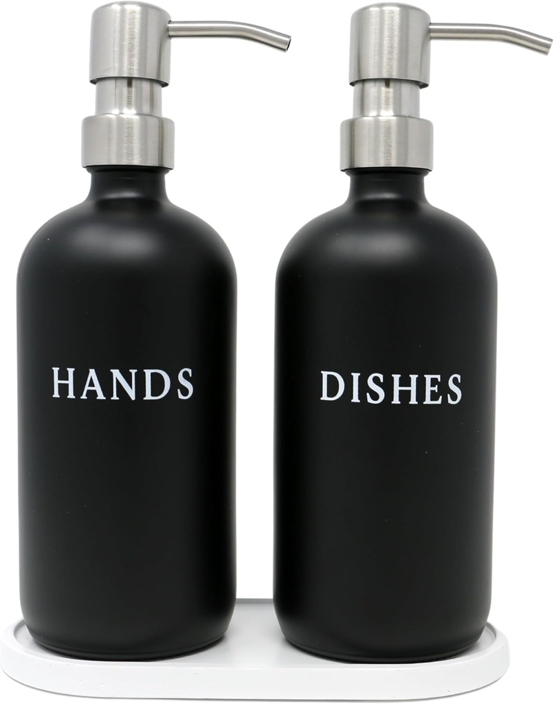 Black Glass Hand and Dish Soap Dispenser Set - Modern Farmhouse Sink Accessories - 16 oz Kitchen Sink Set With Tray, Stainless Pumps & Funnel
