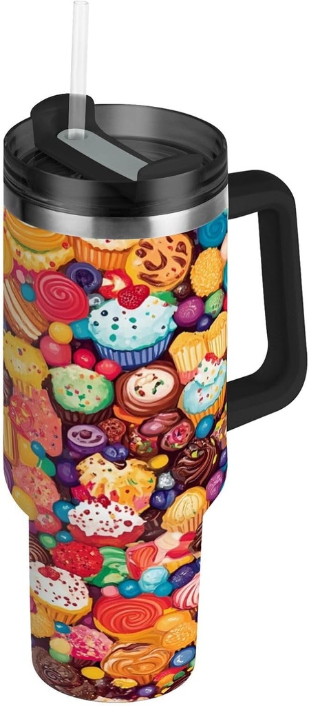 40 oz Cupcakes Cookies Tumbler with Handle, Insulated Sports Water Bottle with Lid and Straw, Thermal Stainless Steel Travel Coffee Mug Cup#26