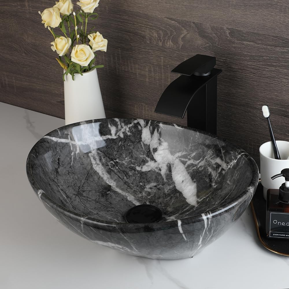Black White Marbling Bathroom Vessel Sink,16 Inch Ceramic Vessel Sink with Waterfall Faucet and Pop-up Drain Combo,Oval Bathroom Sink Bowl Above Counter with Mixer Tap