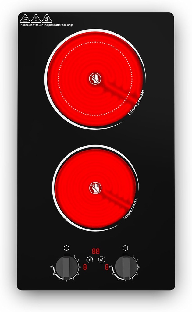 Electric Cooktop,110V 2100W Stove top,Countertop and Built-in 2 burner cooktop,9-speed power, child safety lock, timer, knob and touch control 2 burner Electric cooktop