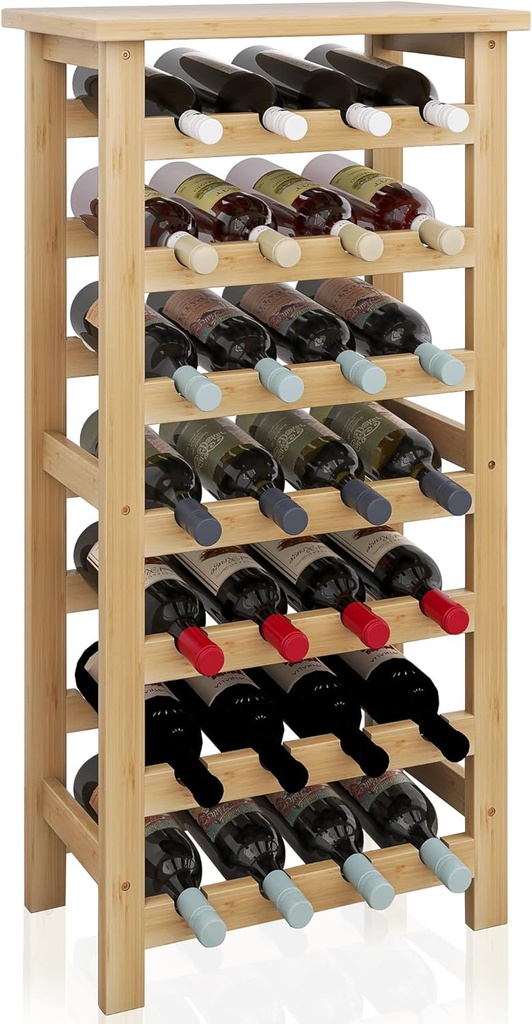SMIBUY Bamboo Wine Rack, 28 Bottles Display Holder with Table Top, 7-Tier Free Standing Storage Shelves for Kitchen, Pantry, Cellar, Bar (Natural)