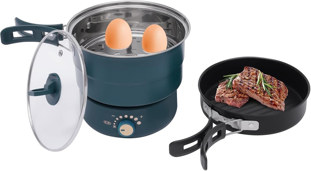 LYNICESHOP Electric Hot Cooker Pot, 110V Hot Pot Electric with Steamer Steamer Mini Multifunctional Pan Portable Mini Travel Cooker Non-Stick Electric Skillet Ramen Noodles Pasta (Green)
