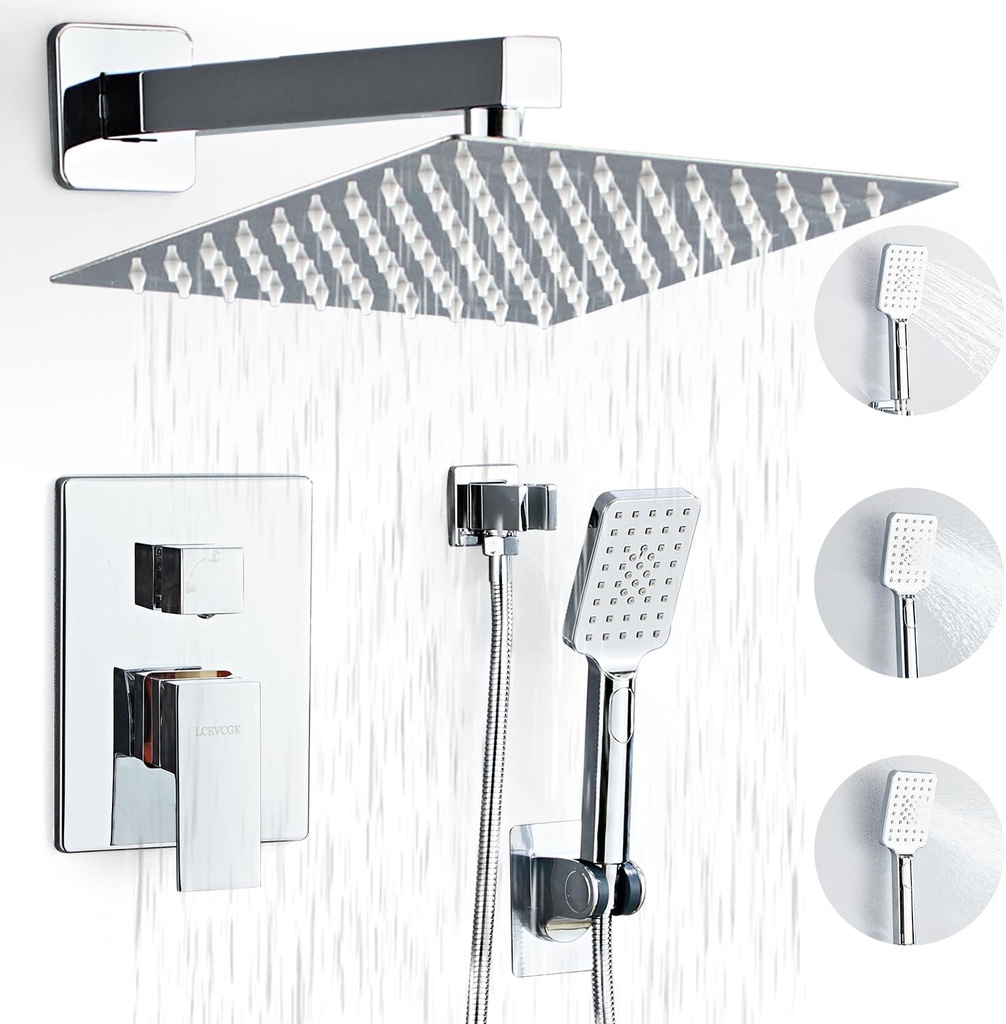 Shower System, Shower Faucet Set Complete Square Rain Shower Combo Set with 8 inch Rainfall Shower Head System Bathroom Wall Mounted 3-Setting Handheld Shower,Chrome
