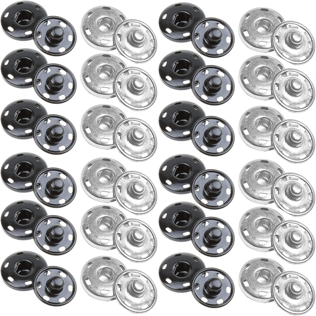JOSDIOX Sew on Snap Button Metal Fasten Press Button for Sewing Clothing Silvery 24 Sets Black and Silvery (0.75 inches 19mm)