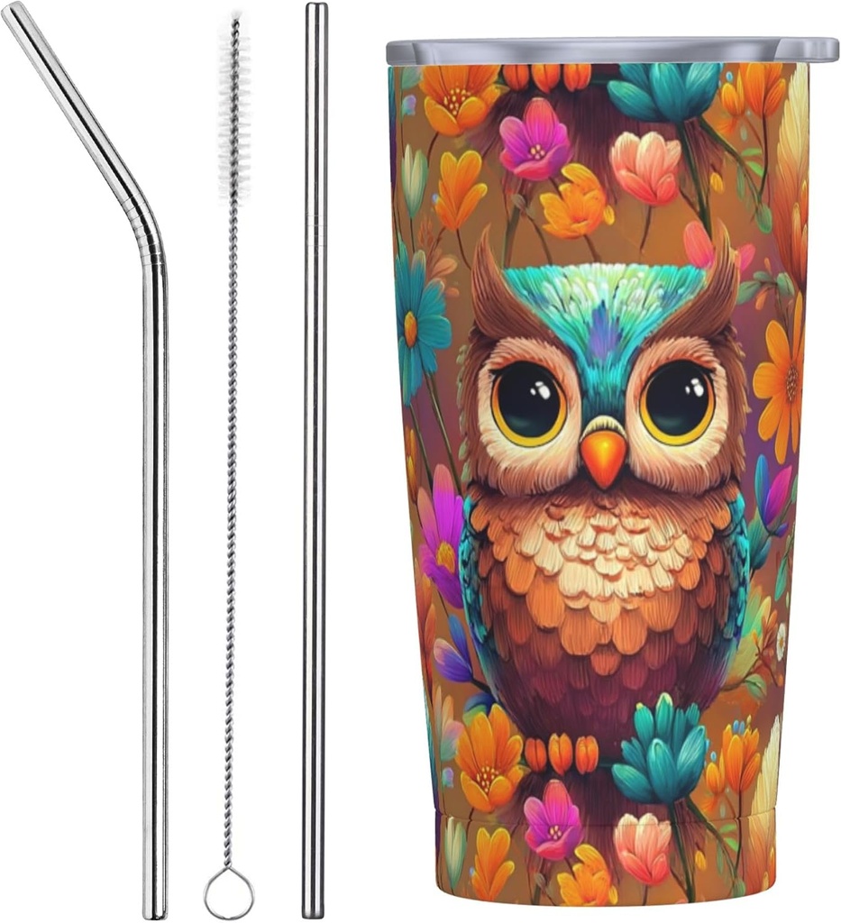 Yrebyou Owl Tumbler 20oz with Lid and Straw Stainless Steel Insulated Coffee Mug Leak-Proof Travel Cup for Water Iced Tea or Coffee