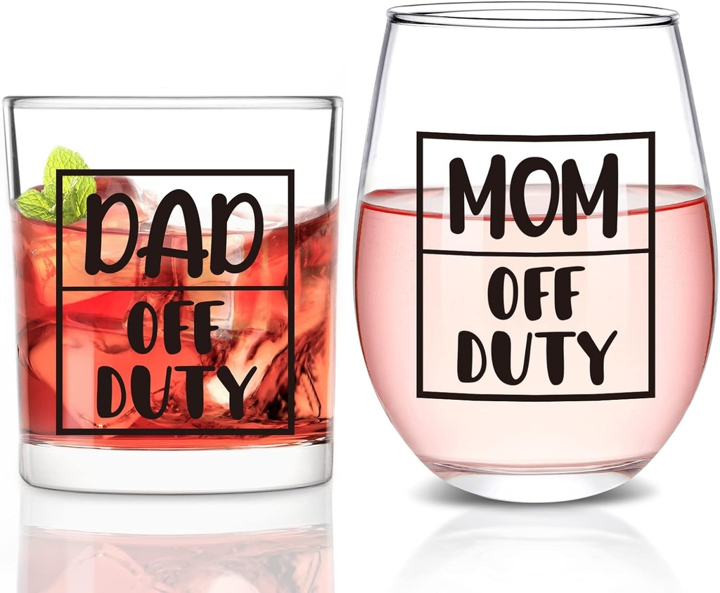 Futtumy New Parents Gifts for Couples, Mom & Dad Off Duty Stemless Wine Glass & Whiskey Glass, First Time Parents New Mom and Dad Gifts for Mother Day Father Day Christmas