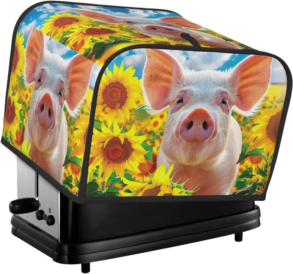 Pigs Sunflowers Covers for 4 Slice Toasters,Cute Bread Machine Cover with Handle,Washable Stain Resistant Kitchen Small Appliance Cover Dining Decor