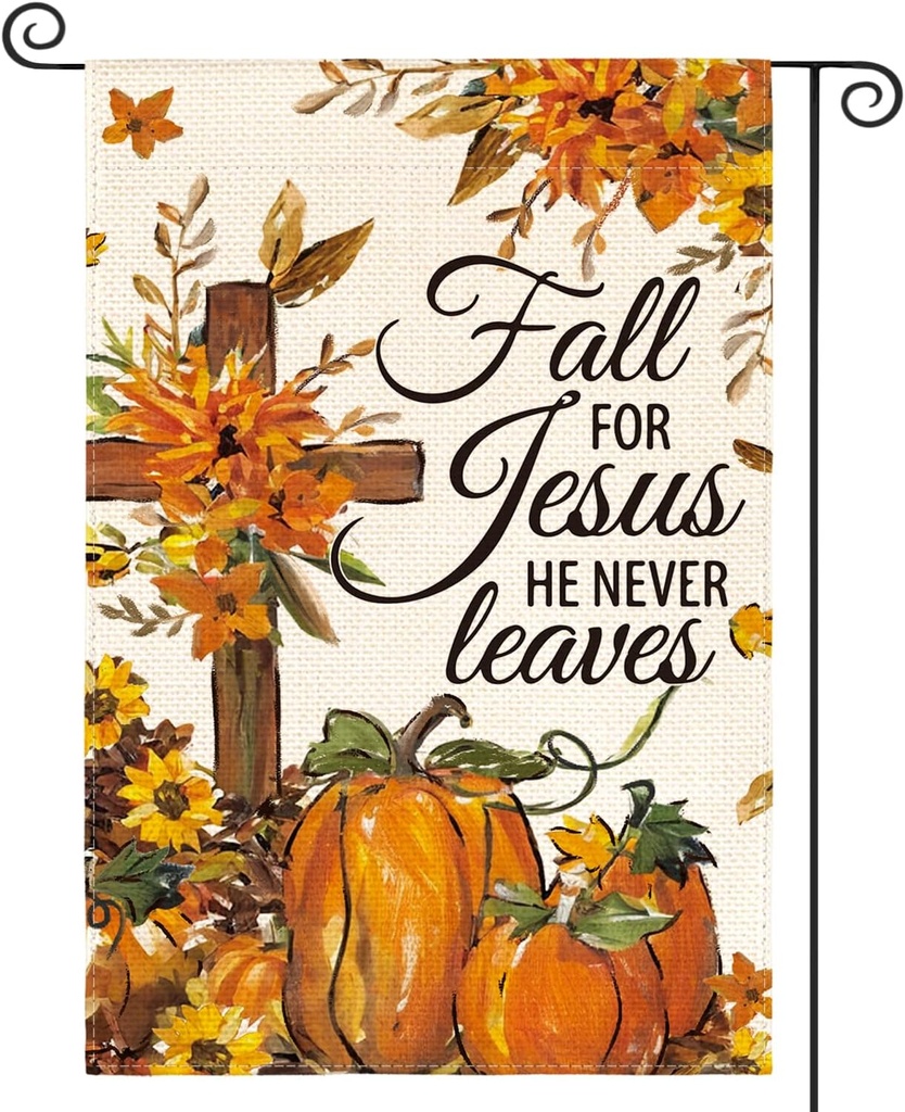 AVOIN colorlife Fall For Jesus He Never Leaves Garden Flag 12x18 Inch Double Sided Outside, Autumn Thanksgiving Pumpkin Flowers Cross Yard Outdoor Flag