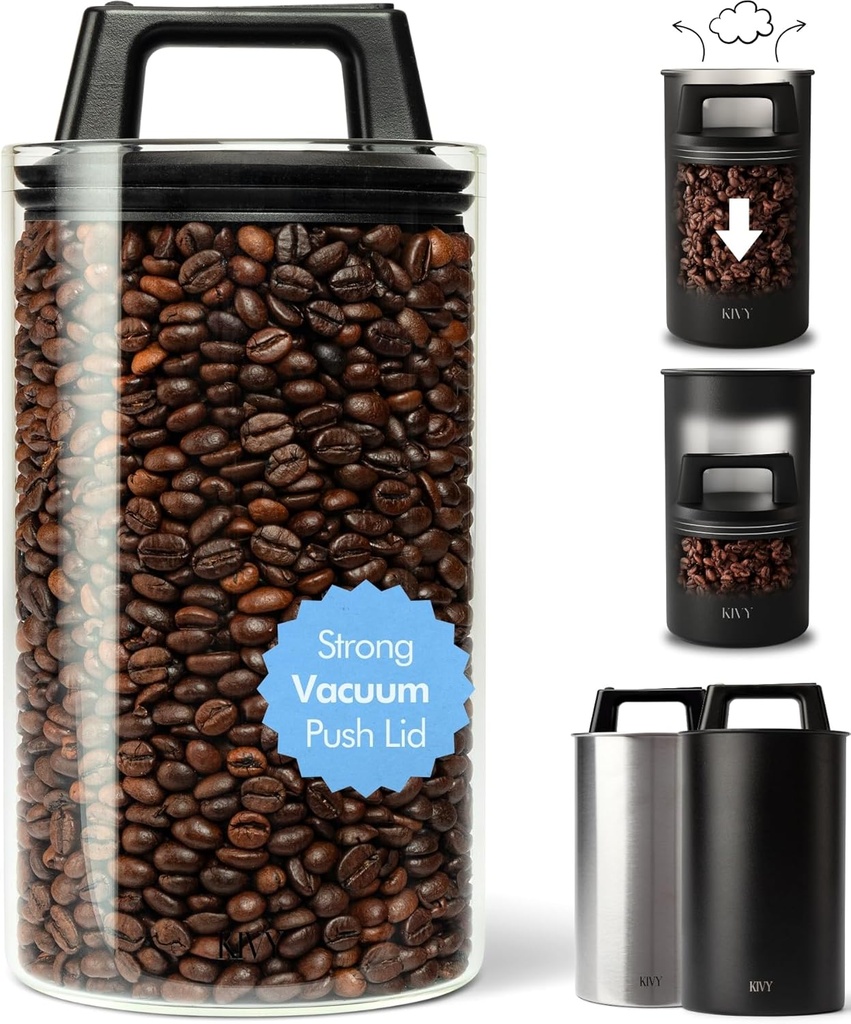 KIVY Vacuum Seal Coffee Canister [AIRTIGHT] - Coffee Canister with Airtight Lid - Airtight Coffee Jar - Air Tight Coffee Container - Vacuum Storage (Glass)