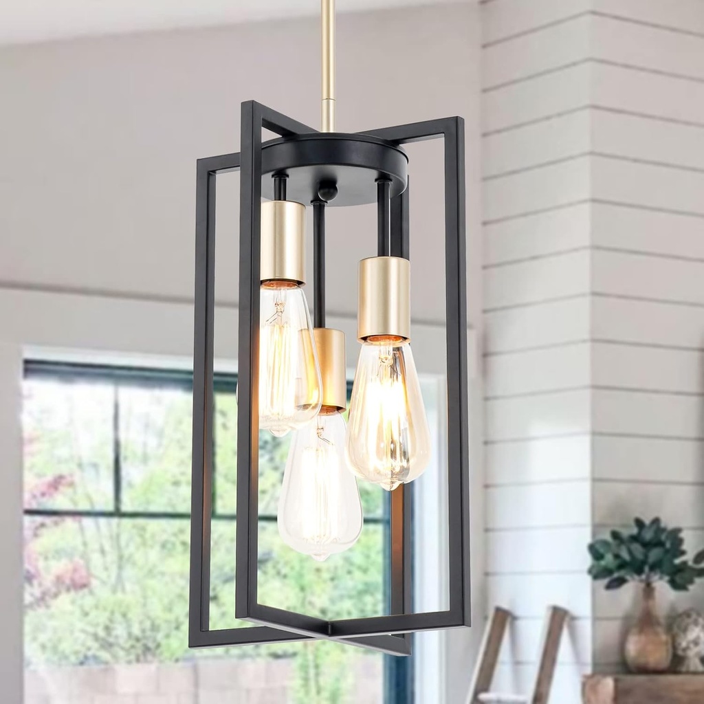 Industrial Farmhouse Pendant Lights, Rectangle 3-Light Modern Black and Golden Chandelier,Geometric Metal Cage Adjustable Rods Pendant Lighting Fixture for Kitchen Island Dining Room Living Room Foyer