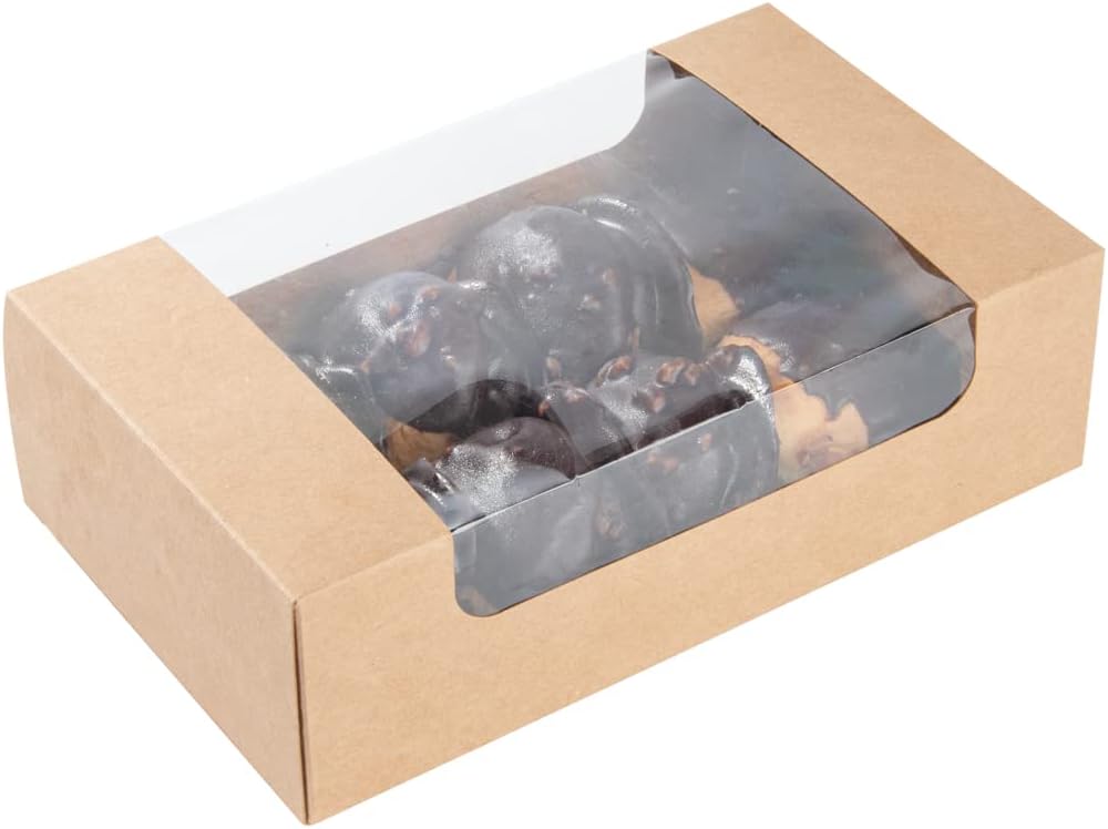 Restaurantware Pastry Tek 7.9 x 4.7 x 2.4 Inch Pastry Boxes 100 Disposable Donut Boxes - With Clear Window Easy Assembly Kraft Paper Cookie Packaging Boxes For Muffins Cupcakes And Mini Cakes