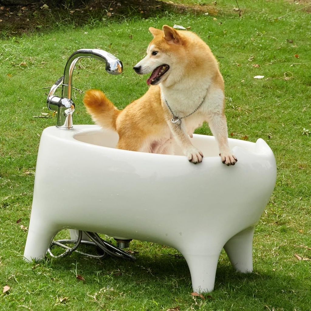 ELLAI Freestanding Utility Sink White Ceramic Laundry Tub Stand Alone Bathtub with Cat Paws 32.1"x18.6"x18.4" for Small Dogs, Cats, Person