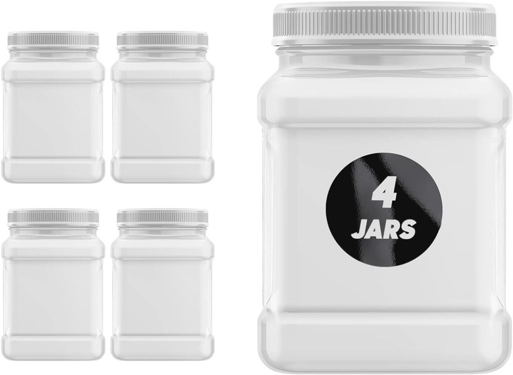 Plastic Jars 32 Ounce Square Pinch Handle (4 Pack) Clear PET Plastic Containers With White Ribbed Lids