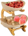 2 Tier Fruit Bowl for Kitchen Counter Khaki Ceramic Fruit Basket with Bamboo Stand Tiered Fruit Holder Stand Fruit Plate for Fruit, Snack, Nuts, Cake, Dessert (2 Tier Khaki)