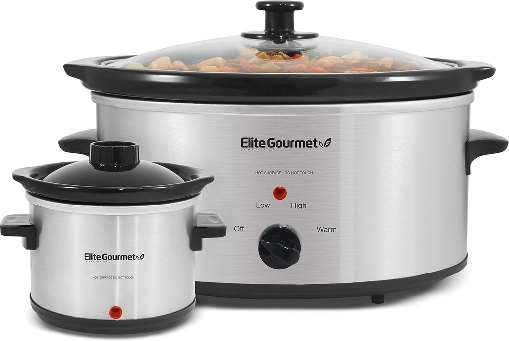 Elite Gourmet MST-500D Electric Slow Cooker, Includes 0.75-Quart Dipper with Adjustable Temp, Entrees, Sauces, Stews & Dips, Dishwasher Safe Glass Lid & Crock, 5 Quart, Stainless Steel