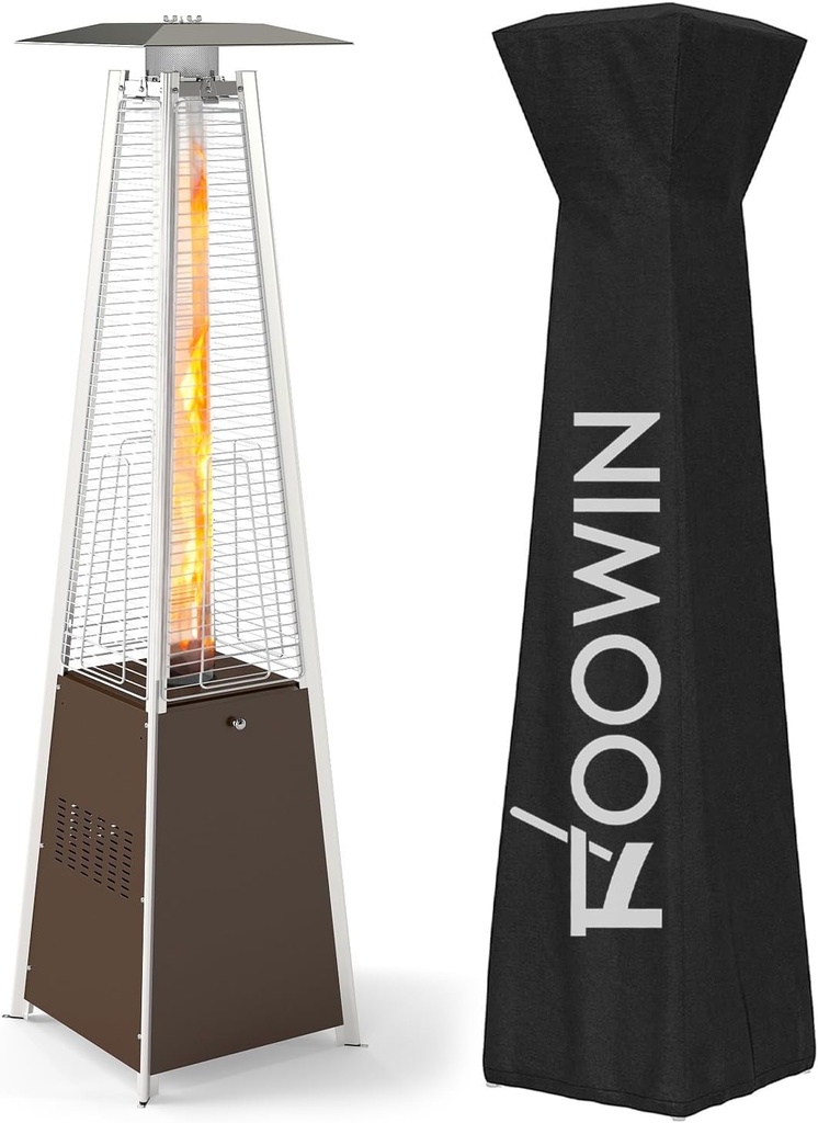 FOOWIN Patio Heater,48,000 BTU Outdoor Heater with Wheels,Propane Patio Heater w/Waterproof Cover & Gloves,Quartz Glass Tube Pyramid Outdoor Heater for Party,Backyard,Garden,Bronze