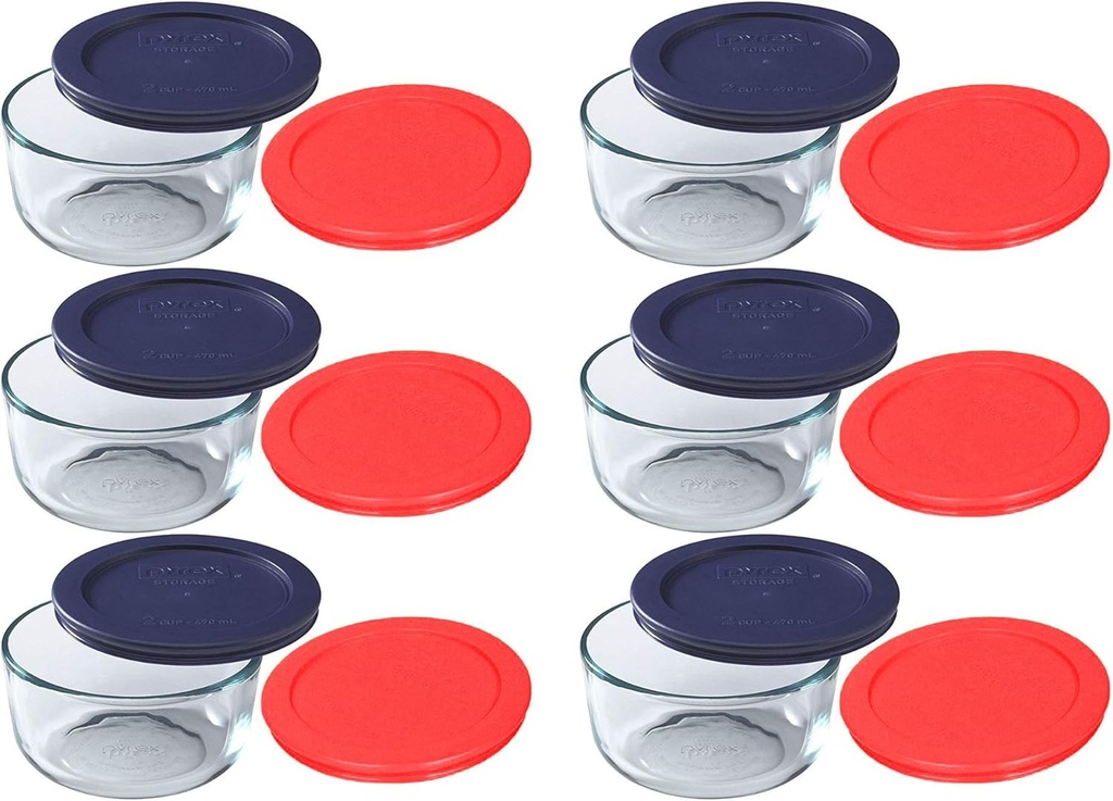 Pyrex (6) 7200 2-Cup Glass Bowls with (6) 7200-PC Blue & (6) Red Food Storage Replacement Lids - Made in USA
