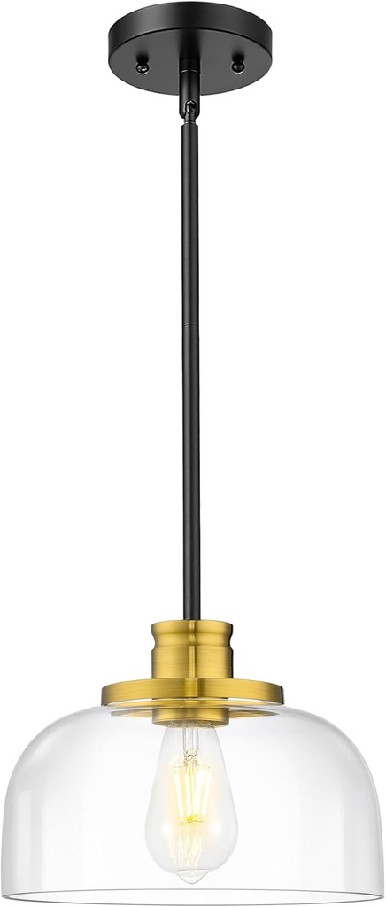 Emak Black and Gold Pendant Lights, 10 Inch Large Pendant Light Fixtures with Clear Glass Shade, Modern Farmhouse Island Lights for Kitchen, Dining Room, Bathroom, Bar, PL131-BKBGD-CG