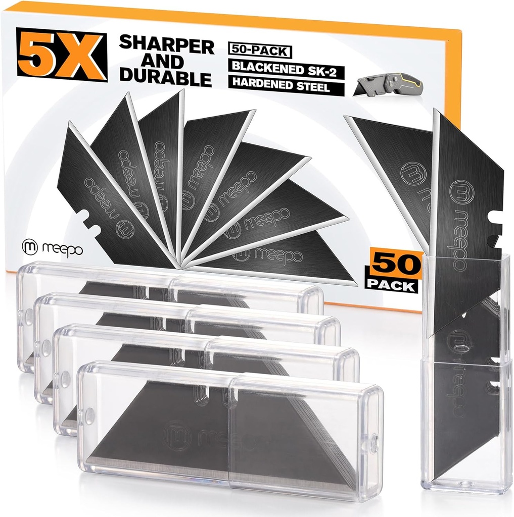 50-Pack Utility Knife Blades, Blackened SK-2 Razor Blades for Box Cutter Utility Knife, Never Rust Design, Extra Durable