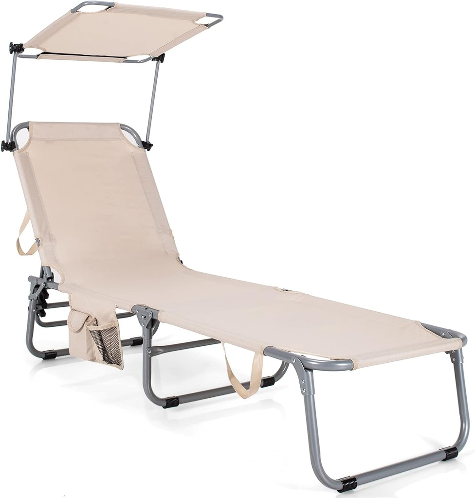 Giantex Outdoor Folding Chaise Lounge, Portable Tanning Chair with 5 Adjustable Positions, 360°Rotatable Canopy Shade, Side Pocket, Patio Lounge Chair for Beach, Lawn Sunbathing Chair (1, Beige)