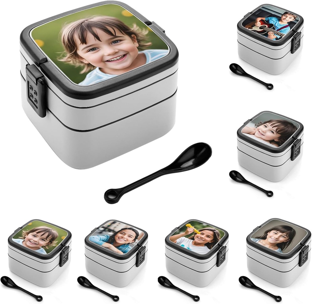 Personalize Double Layer Bento Box - Customizable Lunch Box with Text and Image Printing - Durable, Leak-Proof with Spoon - Ideal for Work,Camping, and Travel（6.1" L x 5.3" W x 4.3" H）
