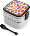 Cute Polka Dot Bento Box with Spoon, 2-layer Stackable Lunch Box Leak Proof with Invisible Handle, Insulated Food Storage for Office, Picnic & Travel