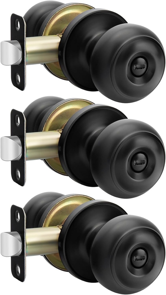 Haidms Black Door Knobs Interior, Privacy Door Knob for Bedroom, Classic Matte Black Interior Door Lock Knobs Round Bathroom Door Hardware(3 Pack)
