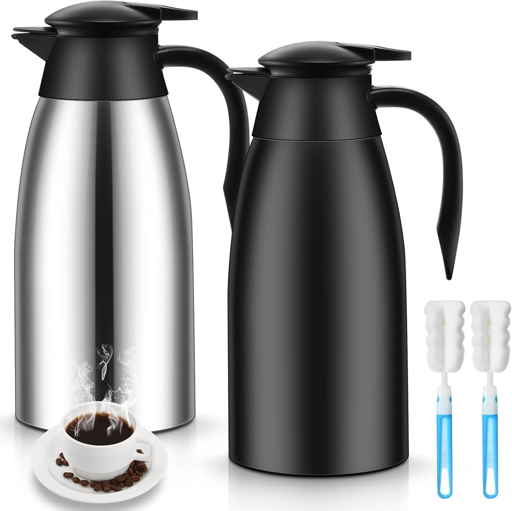 2 Pcs 51 oz Thermal Coffee Carafe Stainless Steel Vacuum Thermal Pot Flask with Brushes Insulated Double Walled Vacuum Carafe Coffee Dispenser for Keeping Heat Cold(Silver, Black)