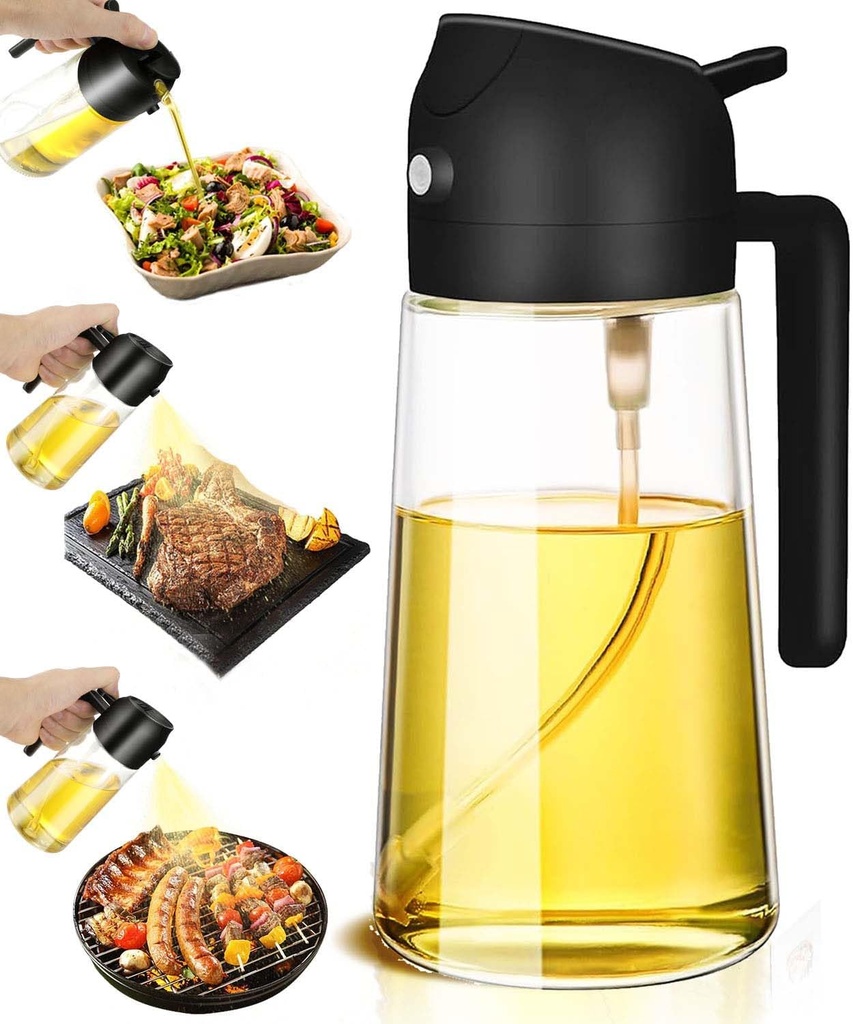 Oil Sprayer for Cooking 2 in 1 Olive Dispenser Bottle 16oz/470ml Kitchen Gadgets for Air Fryer, Salad, BBQ - Glass Mister Spray -Transparent Black