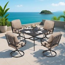 MELLCOM 5 Pcs Outdoor Dining Set, 4 Swivel Rocker Chairs with Thick Cushions & Square Dining Table with Umbrella Hole, Patio Furniture Set for Porch, Garden, Backyard, Poolside, Deck, Khaki