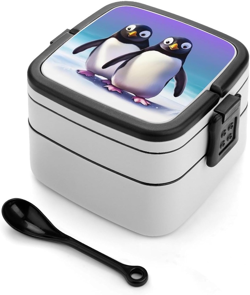 Cute Penguin Bento Box Adult Lunch Box All-in-One Lunch Containers with Removable Compartments Double Layer Bento Lunch Box with Spoon And Handle Stackable Lunchbox