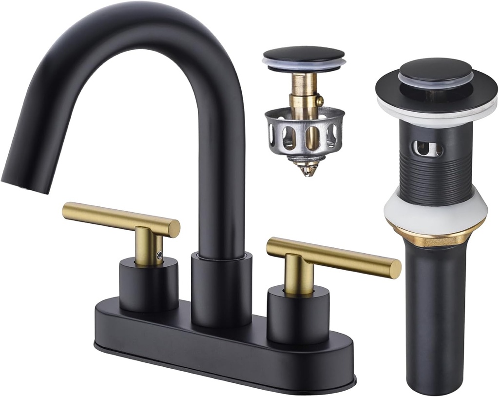 Bathroom Faucet, 3-Hole Black and Gold Vanity Faucet with Metal Sink Drain, 2-Handle 4-Inch Centerset