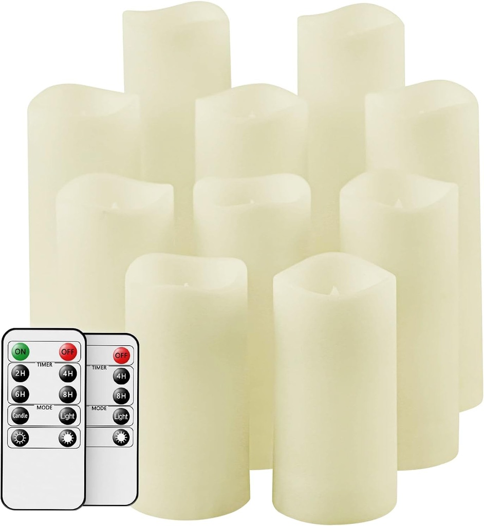 salipt Flameless Candles, LED Flickering Candles Set of 10 (H 4" 5" 6" 7" xD 2.2") Waterproof Candles, Resin Plastic, Indoor Outdoor Use,Ivory
