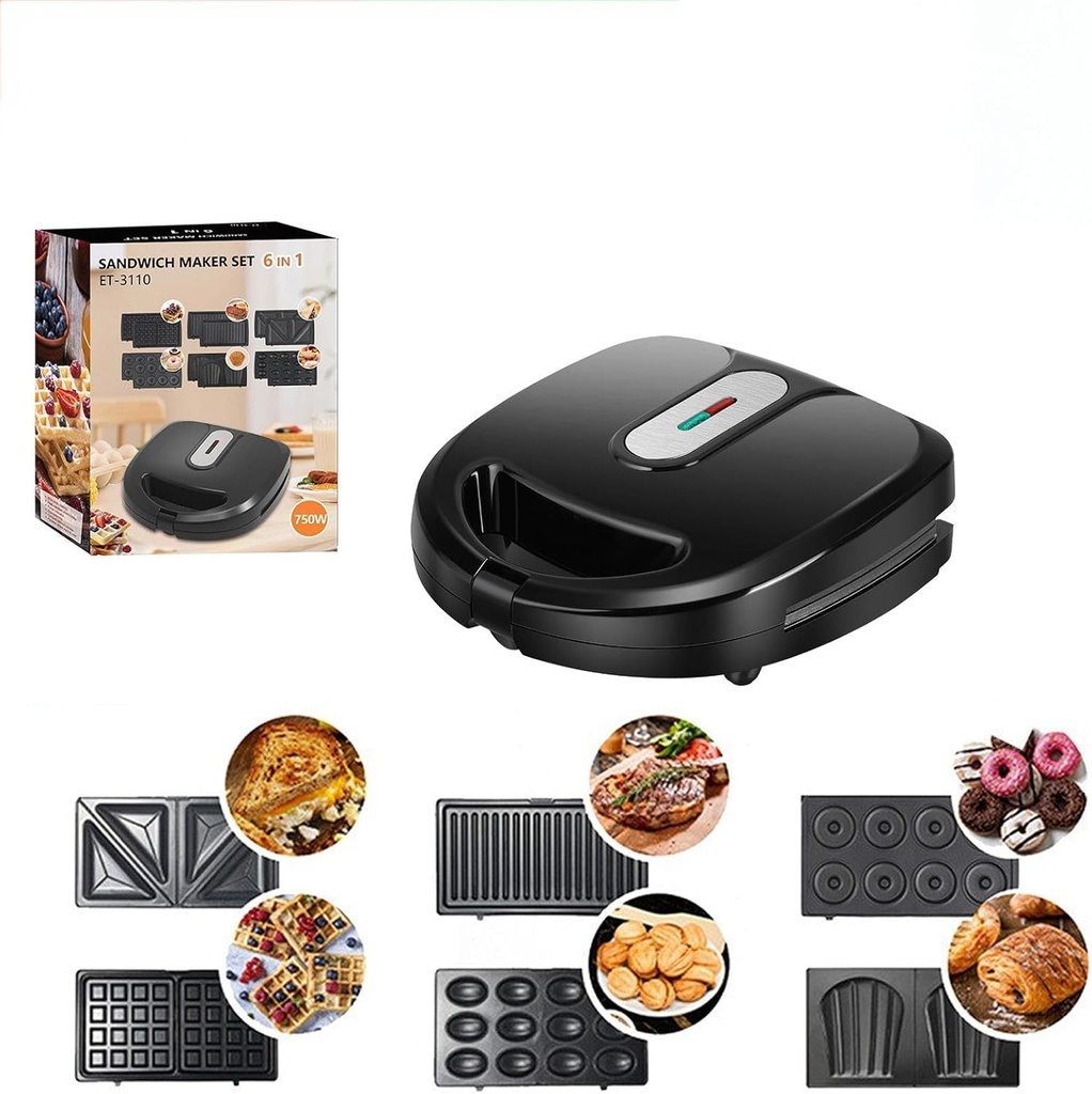 6 In 1 Electric Sandwich Maker, Panini Press Grill & Waffle Iron Set with Removable Non-Stick Plates, Easy to Clean & Store, for Cooking Grilled Cheese, Melts, Burgers, Steaks and Snacks, Black