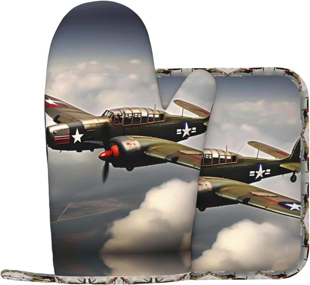 World War 2 Aircraft Airplane 2-Standard-Scale-2_00x Oven Mitts and Pot Holder 2-Piece Set,for Cooking Barbecue, Pot Lid, Microwave,Heat-Resisting