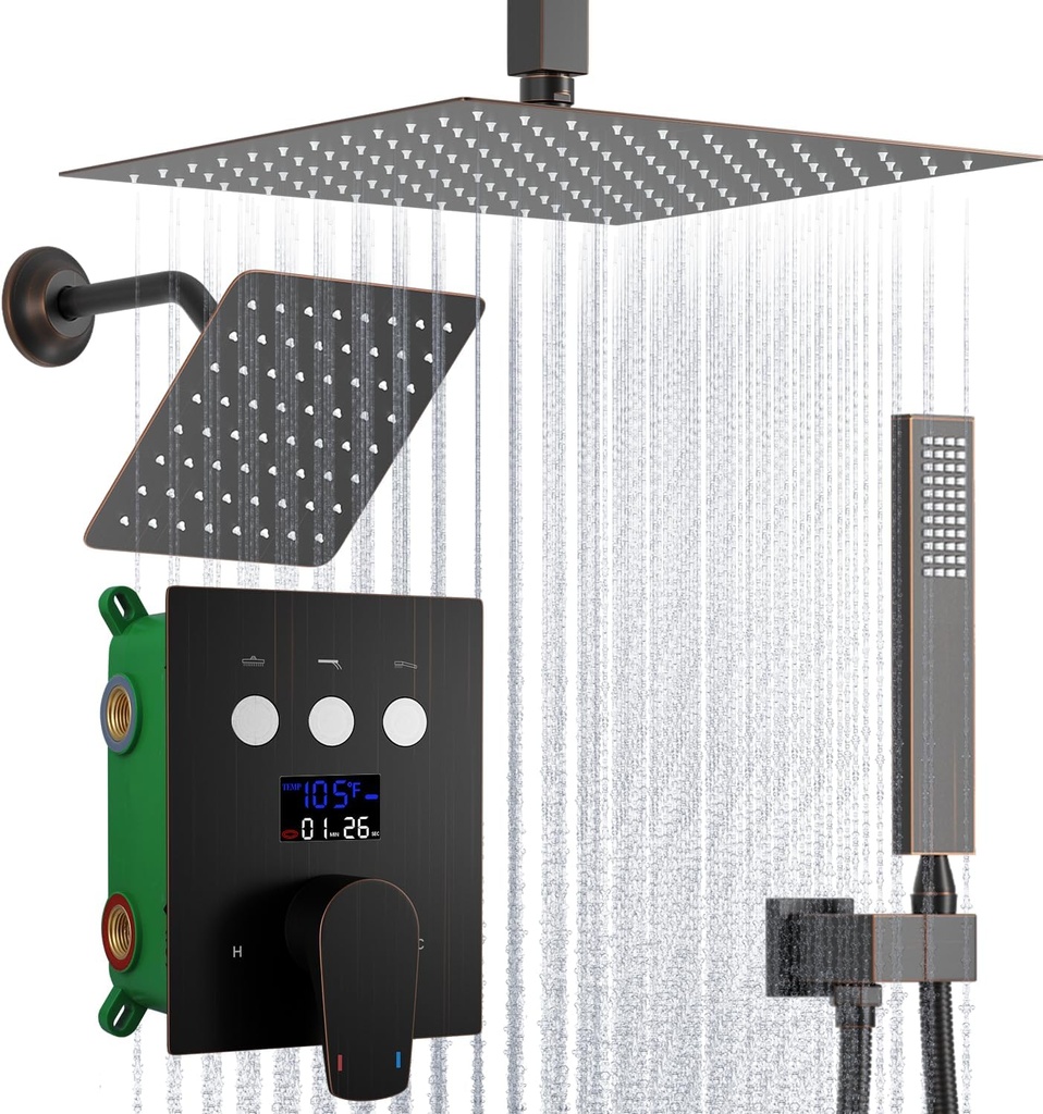Dual Shower Heads Shower System with 12 Inch Ceiling Rainfall Shower Head and 8 Inch Side Shower Head Digital Display Shower Fixtures Luxury Shower Faucet Set,Oil Rubbed Bronze
