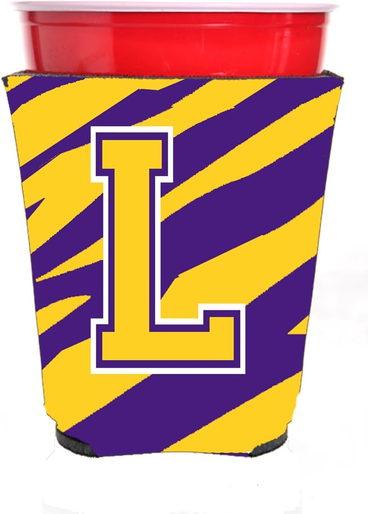 Tiger Stripe - Purple Gold Letter L Monogram Initial Red Solo Cup Beverage Insulator Hugger