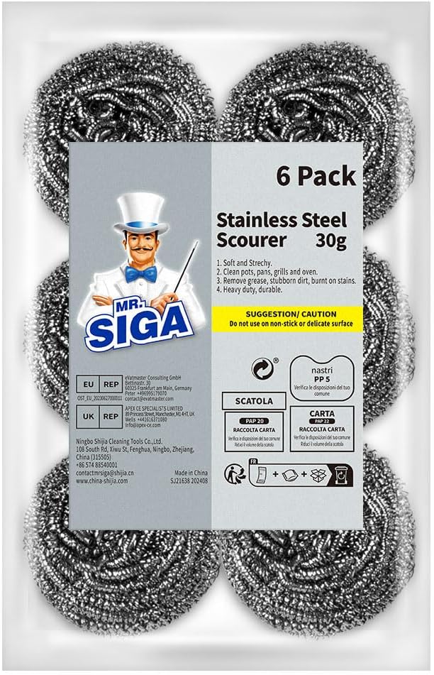 MR.SIGA Stainless Steel Scourer, Pack of 6, 30g